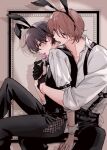 2boys animal_ears arm_strap artist_name black_bow black_bowtie black_gloves black_hair black_pants black_vest bow bowtie brown_hair candy character_request collared_shirt commentary_request dress_shirt drop_shadow earrings fake_animal_ears food food_in_mouth gloves highres hug hug_from_behind jewelry lollipop mikamishino multiple_boys o-ring o-ring_arm_strap pants partially_unbuttoned pink_eyes pittosporum rabbit_boy rabbit_ears rabbit_tail shirt sleeves_rolled_up straddling striped_blush sweat tail thigh_straddling vest waistcoat white_background white_wrist_cuffs wrist_cuffs yaoi yellow_eyes 