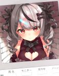  1girl absurdres bare_shoulders black_hair breasts clothing_cutout commentary_request dot_nose grey_hair hair_ornament heart_cutout highres hololive large_breasts long_hair looking_at_viewer multicolored_hair nema_029 official_alternate_costume red_eyes sakamata_chloe sakamata_chloe_(jirai_kei) solo virtual_youtuber wavy_hair 