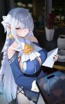  1girl blush breasts cellphone closed_mouth commentary_request flower gaitoou highres holding large_breasts long_hair long_sleeves looking_at_viewer paid_reward_available phone pointy_ears purple_eyes rose smartphone solo vase velina_airgid white_hair zenless_zone_zero 