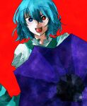  1girl :d absurdres aqua_skirt aqua_vest blue_eyes blue_hair cha_syu_oic commentary hair_between_eyes heterochromia highres holding holding_umbrella karakasa_obake looking_at_viewer medium_hair open_mouth purple_umbrella red_background red_eyes shirt skirt smile solo tatara_kogasa touhou umbrella untranslatable_commentary upper_body vest white_shirt 