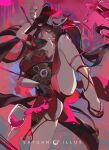  1girl absurdres alcohol arm_up bare_shoulders black_gloves black_hair black_panties black_sash blunt_bangs bound bound_arms bound_legs breasts circle_facial_mark cup detached_sleeves dress drinking_glass facial_mark fingernails fox_mask gloves hand_up highres honkai:_star_rail honkai_(series) japanese_clothes leg_up long_hair looking_at_viewer mark_under_both_eyes mask mask_on_head nail_polish panties pink_eyes red_dress red_nails red_sleeves red_wine sash saturn_(saturn_illus) single_glove smile solo sparkle_(honkai:_star_rail) standing standing_on_one_leg toenail_polish toenails twintails underwear wine wine_glass 