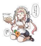  1girl apron between_thighs black_dress black_ribbon blonde_hair blunt_bangs bowl breasts chocolate commentary_request crying dress eating ebihuraii3 food food_on_face frilled_thigh_strap frilled_wrist_cuffs frills full_body gradient_hair green_eyes hair_intakes hair_ribbon highres holding holding_bowl holding_food hololive large_breasts long_hair maid maid_apron maid_headdress momosuzu_nene momosuzu_nene_(maid) multicolored_hair official_alternate_costume official_alternate_hairstyle one_eye_closed open_mouth pink_hair pink_streaks ribbon sidelocks simple_background sitting speech_bubble streaked_hair talking thigh_strap translation_request twintails very_long_hair virtual_youtuber wariza white_apron white_background wrist_cuffs 