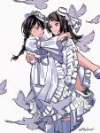  2girls atsubomi bang_dream! bang_dream!_it's_mygo!!!!! bird black_hair bow carrying closed_mouth commentary dress garter_straps green_eyes hat long_hair multiple_girls open_mouth princess_carry purple_eyes shiina_taki simple_background thighhighs untranslatable_commentary white_background white_bow white_dress white_hat white_thighhighs yahata_umiri 