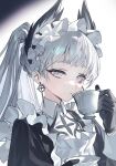  1girl absurdres ambience_synesthesia arknights black_gloves commentary cross cross_earrings cup drink earrings frills gloves hidikan highres holding holding_drink holding_saucer irene_(arknights) irene_(voyage_of_feathers)_(arknights) jewelry long_hair long_sleeves looking_at_viewer maid maid_headdress official_alternate_costume pink_pupils ponytail saucer solo teacup white_background white_eyes white_hair 