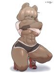 2026 abs anthro belly big_breasts blush bottomwear breasts brown_body brown_fur clothed clothing clothing_lift covered_eyes female footwear fur hair hi_res hotpants macropod mammal marsupial muscular muscular_anthro muscular_female navel pants quokka shirt shirt_lift shoes shorts signature simple_background sneakers solo thick_thighs topwear wide_hips xeppir
