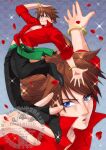  1boy bangle bartz_klauser black_pants black_shoes blue_eyes bracelet brown_hair closed_mouth commentary_request dancer_(final_fantasy) dancing falling_petals final_fantasy final_fantasy_v full_body gold_bangle gradient_background green_sash hand_on_own_head highres jewelry looking_at_viewer multiple_views one_eye_closed pants parted_lips petals red_petals red_shirt sash shikiwo shirt shoes short_hair sleeves_rolled_up smile sparkle tied_shirt upper_body watermark 