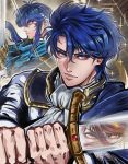  3boys absurdres armor arvis_(fire_emblem) ascot blue_cape blue_eyes blue_hair cape closed_mouth commentary english_commentary father_and_child father_and_son fire_emblem fire_emblem:_genealogy_of_the_holy_war floating_hair highres holding holding_sword holding_weapon long_hair long_sleeves looking_at_viewer male_focus multiple_boys parent_and_child profile reflection reflective_weapon seliph_(fire_emblem) short_hair sigurd_(fire_emblem) sword tyrfing_(fire_emblem) weapon white_ascot zantetsukennn 