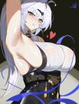  1girl absurdres ahoge arm_up black_background black_shorts breasts clenched_teeth commentary_request guhuabingwu heart high-waist_shorts highres large_breasts long_hair looking_at_viewer shirt shorts sideboob single_hair_intake solo teeth very_long_hair white_hair white_shirt yellow_eyes yixuan_(zenless_zone_zero) zenless_zone_zero 