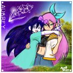  2girls aqua_dress artist_name aubrey_(faraway)_(omori) aubrey_(headspace)_(omori) aubrey_(omori) blue_eyes blue_headband blush bow character_name colored_skin denim denim_skirt dress fingernails hair_between_eyes headband highres hug jacket long_hair looking_at_viewer marodraws multiple_girls navel omori pink_bow pink_hair purple_hair sailor_collar short_sleeves skirt v-shaped_eyebrows white_jacket white_skin yellow_sailor_collar 