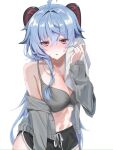  0x2lsu 1girl ahoge black_shrug blue_hair blush breasts cleavage commentary_request commission dolphin_shorts ganyu_(genshin_impact) genshin_impact goat_horns grey_sports_bra grey_sweater highres horns large_breasts long_hair looking_at_viewer midriff navel purple_eyes shorts shrug_(clothing) simple_background skeb_commission solo sports_bra sweat sweater very_long_hair white_background 