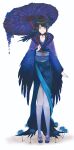  absurdres asymmetrical_horns bird black_hair black_horns blue_choker blue_flower blue_umbrella blush choker demon_horns feather-trimmed_kimono feathers floral_print floral_print_kimono flower geta highres holoadvent hololive hololive_english horn_flower horns ichiyaichimaru jailbird_(nerissa_ravencroft) japanese_clothes kimono lace-trimmed_kimono lace_trim mole mole_under_eye nerissa_ravencroft nerissa_ravencroft_(new_year) obi print_kimono red_eyes ringlets sash thighhighs umbrella uneven_horns white_background 