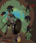  ambiguous_gender armor armor_plates armored_boots clothing gauntlets gloves goblin hair handwear hi_res humanoid hybrid kyu-maru melee_weapon multicolored_hair sharp_teeth shield solo sword teeth weapon zecke_(fox_xd) 
