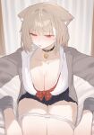  1girl absurdres animal_ear_fluff animal_ears bell black_choker black_skirt black_socks blush bow bowtie bra breasts brown_hair cat_ears choker cleavage collar collarbone collared_shirt commentary_request embarrassed half-closed_eyes highres jacket jingle_bell large_breasts long_sleeves mayu_shirasaki medium_hair multicolored_hair neck_bell open_clothes open_mouth original panties panty_pull pleated_skirt red_bow red_bowtie red_eyes school_uniform shirt short_hair sitting skirt socks solo sorotu thighs underwear wariza white_bra white_panties white_shirt 