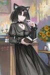  1girl absurdres animal_ears arknights black_dress black_hair bob_cut book book_stack bouquet breasts bright_pupils candelabra candle candlestand cat_ears cat_girl cleavage closed_mouth commentary_request cross-laced_clothes cross-laced_dress dated diamond-shaped_pupils diamond_(shape) dress feet_out_of_frame flower hand_up heart highres holding holding_book indoors jewelry juliet_sleeves lapels light_smile long_dress long_sleeves looking_at_viewer making-of_available mandragora_(arknights) necklace open_book painting_(object) parted_bangs puffy_sleeves signature solo standing sunflower symbol-shaped_pupils white_pupils yellow_eyes yitai_zhi_meng 