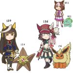  3girls ahoge animal_ears ascot asymmetrical_footwear asymmetrical_jacket black_hair black_pantyhose blue_jacket blue_shorts blunt_bangs blush bow braid breasts brown_hair bulbasaur buttons calstone_light_o_(one_true_path)_(umamusume) calstone_light_o_(umamusume) cape closed_eyes closed_mouth commentary_request double-breasted ear_bow ear_covers ear_ribbon ears_through_headwear flareon gloves hair_between_eyes half_up_braid hand_puppet hat hime_cut horse_ears horse_girl horse_tail jacket long_hair long_sleeves marche_lorraine_(racing)_(umamusume) marche_lorraine_(umamusume) mismatched_ear_covers mr._ebidou multicolored_hair multiple_girls neck_fur open_clothes open_jacket orange_fur pantyhose pokemon pokemon_(creature) puppet purple_bow purple_ribbon purple_vest red_ascot red_cape ribbon shirt short_hair short_sleeves shorts simple_background skirt smile special_week_(special_dreamer)_(umamusume) special_week_(umamusume) staryu striped_hair tail thigh_strap thighhighs two-tone_hair umamusume vest white_gloves white_hair white_jacket white_shirt white_skirt white_thighhighs 