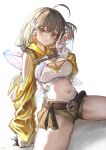  1girl absurdres ahoge anis_(nikke) anis_(star)_(nikke) breasts brown_eyes cleavage commentary goddess_of_victory:_nikke green_shorts highres jacket large_breasts looking_at_viewer midriff navel short_hair short_shorts shorts simple_background smile solo tank_top v white_background white_tank_top yellow_jacket yukiring 