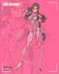  1girl adjusting_eyewear aqua_eyes blue_hairband bodysuit breasts brown_hair character_name commentary copyright_name edwin_huang english_commentary full_body hairband long_hair looking_at_viewer makinami_mari_illustrious mecha_pilot_suit neon_genesis_evangelion pink_background pink_bodysuit plugsuit_(evangelion) rebuild_of_evangelion red-framed_eyewear smile solo standing web_address zoom_layer 