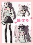  >_< +++ 1girl :< :d ^^^ absurdres black_bow black_shoes black_skirt black_thighhighs blush_stickers border bow bowtie breasts brown_hair character_name chibi closed_eyes commentary commentary_request cropped_torso empty_eyes english_text frilled_skirt frills full_body furrowed_brow grey_outline grid hair_bow hair_intakes hand_up heart highres long_hair long_sleeves looking_at_viewer medium_breasts miniskirt mixed-language_text multicolored_hair okashira_moppu open_mouth original outline partial_commentary pink_border pink_hair puffy_long_sleeves puffy_sleeves shirt shoes single_blush_sticker skirt sleeves_past_fingers sleeves_past_wrists smile split-color_hair standing sweat thigh_strap thighhighs translation_request turtleneck turtleneck_shirt twintails white_background white_bow white_bowtie white_shirt xd 