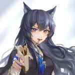  1girl animal_ear_piercing animal_ears arknights black_cape black_hair black_vest blue_gloves bolo_tie cape chinese_commentary collared_shirt commentary english_commentary fingerless_gloves fingernails food food_in_mouth gloves highres incoming_food long_hair long_sleeves looking_at_viewer mixed-language_commentary multicolored_eyes open_mouth orange_eyes pocky pocky_in_mouth purple_eyes shirt solo texas_(arknights) texas_the_omertosa_(arknights) two-tone_eyes upper_body vest white_shirt wolf_ears wolf_girl yinbai_jing 