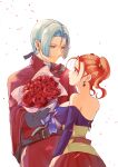  1boy 1girl absurdres bare_shoulders belt belt_buckle black_bow black_gloves bow breasts buckle c-diamond cape closed_mouth commentary_request corset dragon_quest dragon_quest_viii earrings gloves grey_hair hair_bow hair_tubes hetero highres jessica_albert jewelry kukuru_(dq8) large_breasts looking_at_another low_ponytail off-shoulder_shirt off_shoulder orange_eyes orange_hair parted_hair ponytail purple_shirt red_cape red_shirt red_skirt shirt simple_background skirt smile sphere_earrings twintails upper_body white_background yellow_corset 