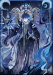  1boy black_sleeves blue_border blue_fire blue_hair border commentary double-parted_bangs fire flins_(genshin_impact) genshin_impact gradient_hair grey_hair hair_between_eyes holding holding_lantern lantern long_hair long_sleeves lv_zhu_xuan male_focus multicolored_hair on_throne robe sitting solo throne very_long_hair 