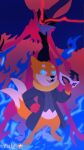  2025 2_tails 3_fingers 3_toes anthro arsene_(persona) biped blue_background blue_eyes blue_fire buizel clothed clothing colored_fire duo feet fingers fire fulgito_ast fur generation_4_pokemon glistening glistening_eyes hi_res long_tail male mask multi_tail nintendo open_mouth orange_body orange_fur orange_tail pink_tongue pokemon pokemon_(species) simple_background standing tail teeth toes tongue 