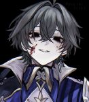 1boy black_choker black_eyes blood blood_on_face blue_gem choker collared_shirt commentary crossed_bangs curtained_hair double-parted_bangs earrings empty_eyes english_commentary eyelashes gem genshin_impact grey_hair highres jacket jewelry lohen_(genshin_impact) male_focus open_clothes open_jacket parted_lips piercing shirt short_hair single_earring smile solo upper_body wing_collar yukimi5tuki 