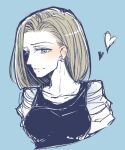  1girl android_18 blonde_hair blue_background blue_eyes closed_mouth dragon_ball dragon_ball_z earrings hana_930 heart jewelry looking_at_viewer medium_hair simple_background smile solo upper_body 