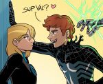  1girl 2boys blonde_hair blush doctor_doom english_text fantastic_four freckles heart height_difference highres kabedon long_hair looking_at_another marvel multiple_boys open_mouth orange_hair richard_parker_(ultimate_spider_man_2024) short_hair smile spider-man_(series) superhero_costume symbiote tenshiartsgt third-party_source valeria_richards 
