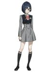  1girl bare_legs black_shoes black_socks blue_halo clenched_hand closed_mouth collar darling_in_the_franxx green_eyes grey_skirt h4sh1rnoto hair_ornament halo highres ichigo_(darling_in_the_franxx) long_sleeves looking_at_viewer military_uniform shoes short_hair simple_background skirt socks solo standing white_background white_collar 