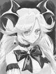  bags_under_eyes closed_mouth commentary_request detached_sleeves dragon_ears dragon_girl dragon_horns dress duathancla earrings expressionless forehead frilled_dress frilled_sleeves frills greyscale halter_dress halterneck highres horns jewelry korean_commentary long_hair looking_at_viewer monochrome neck_ribbon parted_bangs ribbon trickcal upper_body very_long_hair vivi_(trickcal) 