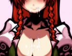  bad_id bad_pixiv_id blush braid breasts cleavage cum cum_in_mouth cum_on_body cum_on_breasts cum_on_tongue cum_on_upper_body head_out_of_frame hong_meiling ichi_(ichikai) large_breasts licking_lips long_hair red_hair solo tongue tongue_out touhou twin_braids 