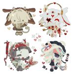 4others :3 animal_ears barber_pole blood bomal1215 brain brown_hat closed_mouth colored_skin commentary cupid exposed_brain halo hat head_wings heart horns multiple_others open_mouth original scissors smile stab tail veins white_skin wings 