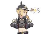  1girl black_gloves black_helmet black_jacket black_shirt blonde_hair blush closed_mouth combat_helmet commentary crop_top cropped_jacket four-finger_heart_hands gloves hair_between_eyes half-closed_eyes half_gloves heart heart_hands helmet jacket long_hair luciana_de_montefio midriff navel pickelhaube red_eyes shirt side_ponytail simple_background solo torn_clothes torn_shirt untranslatable_commentary upper_body v.a._(vanilla) white_background zenless_zone_zero 