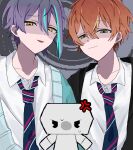  1other 2boys anger_vein angry aqua_cardigan aqua_streaks asymmetrical_sidelocks black_hoodie blonde_streaks blue_necktie cardigan collarbone collared_shirt commentary double-parted_bangs ear_piercing earrings empty_eyes green_eyes hair_between_eyes highres hood hoodie jewelry kamishiro_rui kamiyama_high_school_uniform_(project_sekai) looking_at_viewer male_focus multicolored_hair multicolored_necktie multiple_boys naughty_face necktie open_cardigan open_clothes open_hoodie open_mouth orange_hair pac-man_eyes partially_shaded_face piercing pink_necktie project_sekai purple_hair school_uniform shinonome_akito shirt short_hair sidelocks single_eyebrow streaked_hair stud_earrings sweat tofu_(project_sekai) water_and_oil white_necktie white_shirt wing_collar yellow_eyes 