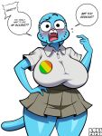 2026 absurd_res anthro biped blue_body blue_ears blue_fur blue_tail blush cartoon_network clothed clothed_anthro clothed_female clothing cute_fangs dialogue domestic_cat english_text fangs felid feline felis female female_anthro fur hi_res lollipopcon looking_at_viewer mammal nicole_watterson open_mouth solo standing tail talking_to_viewer teeth text the_amazing_world_of_gumball tongue