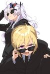  2girls adjusting_eyewear ahoge arm_up assault_lily black-framed_eyewear black_jacket black_necktie black_pants black_ribbon black_suit blonde_hair butterfly_hair_ornament closed_mouth commentary covered_eyes grey_hair hair_between_eyes hair_ornament hair_ribbon hand_on_own_head hand_on_own_knee hands_up imagawa_homare jacket long_hair long_sleeves looking_at_viewer looking_over_eyewear lower_teeth_only mototenn multiple_girls necktie open_mouth pant_suit pants purple_eyes ribbon scowl seike_tomoyo shirt short_hair squatting standing suit suit_jacket sunglasses teeth two_side_up uneven_eyes v-shaped_eyebrows wavy_hair white_shirt 
