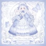  1girl arch beads blue_bonnet blue_border blue_bow blue_butterfly blue_dress blue_eyes blue_hair blue_hat blue_theme blunt_bangs bonnet border bow bug butterfly center_frills cross-laced_clothes cross-laced_dress dress feet_out_of_frame floral_print floral_print_dress flower frilled_dress frilled_hat frilled_sleeves frills hair_bow hat heart_ornament highres holding holding_stuffed_toy konkave_linse lace-trimmed_dress lace_trim layered_dress lolita_fashion long_dress long_hair long_sleeves looking_at_viewer no_pupils original parted_lips pillar print_dress puffy_long_sleeves puffy_sleeves sidelocks sleeves_past_fingers sleeves_past_wrists solo standing straight-on stuffed_animal stuffed_rabbit stuffed_toy sweet_lolita very_long_hair wavy_hair 