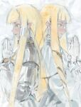  2girls back-to-back blonde_hair blue_eyes commentary_request dianna_soreil gloves gundam highres kihel_heim korean_commentary long_hair long_sleeves meseeeeh multiple_girls own_hands_together simple_background sketch smile turn_a_gundam upper_body white_background white_gloves 