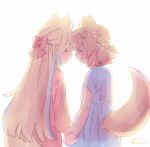  2girls :d animal_ear_fluff animal_ears blonde_hair blue_dress blue_streaks blush bow braid closed_eyes commentary_request dated dog_ears dog_girl dress fuwawa_abyssgard hair_bow happy highres holding_hands hololive hololive_english long_hair mococo_abyssgard multicolored_hair multiple_girls open_mouth pink_bow pink_dress pink_streaks short_hair signature simple_background smile streaked_hair yuri_kyanon 