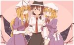  3girls black_hat black_skirt blonde_hair blush bow bowtie breast_pocket breasts brown_eyes brown_hair closed_mouth collarbone collared_dress commentary contrast_collar dress elbow_gloves frilled_dress frills gap_(touhou) gloves hair_bow hand_on_another's_arm hat hat_bow hat_ribbon heart highres holding_another's_wrist holding_hands juliet_sleeves long_hair long_sleeves maribel_hearn medium_hair mob_cap multiple_girls neck_ribbon necktie open_mouth pocket puffy_sleeves purple_dress red_bow red_bowtie red_necktie red_ribbon ribbon sash shirt shirt_tucked_in short_sleeves sidelocks skirt sleeve_cuffs sleeve_garter standing sweatdrop tie_clip touhou unagi_sango usami_renko waist_bow whispering white_bow white_gloves white_hat white_sash white_shirt yakumo_yukari yellow_eyes yuri 