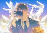  1boy bird black_jacket black_necktie bouquet brown_hair caleb_(love_and_deepspace) camera collared_shirt commentary_request flower hair_between_eyes highres holding holding_bouquet holding_camera jacket love_and_deepspace male_focus necktie parted_bangs parted_lips purple_eyes rose sanriyuexiang shirt short_hair smile solo suit_jacket taking_picture teeth upper_body white_shirt 