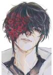  1boy aegyo_sal black_hair black_shirt bloodshot_eyes collared_shirt cracked_skin flower growing_out_of_body gwon head_tilt highres kim_dokja looking_to_the_side male_focus omniscient_reader's_viewpoint one_eye_covered painterly parted_lips popped_collar portrait shirt short_hair solo spider_lily 