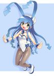  animal_ears anklet aqua_eyes bare_shoulders blue_hair bracelet bunny_ears bunnysuit full_body hands ikamusume jewelry katahira_masashi pantyhose shinryaku!_ikamusume simple_background solo tentacle_hair tentacles 