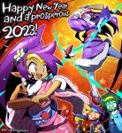  1boy 2023 4girls :d :o arm_up bandaged_arm bandages bandana black_sash blonde_hair blue_eyes blue_hair blue_kimono blue_sash blue_skin bolo_(shantae) colored_skin commentary_request cup dark-skinned_female dark_skin earrings electricity english_text facial_mark fireworks flower green_hair green_skin grey_vest grin hagoita hair_between_eyes hair_flower hair_ornament hairband hand_up hane_(hanetsuki) hanetsuki happy_new_year headband high_ponytail highres holding holding_cup holding_paddle holding_paintbrush japanese_clothes jewelry jumping kimono looking_at_another multiple_girls new_year obi obijime open_mouth own_hands_clasped own_hands_together paddle paintbrush pink_kimono pointy_ears ponytail print_bandana print_kimono purple_hair purple_kimono red_eyes red_sandals red_sash risky_boots rottytops sakurajyousui_nami sandals sash shantae shantae_(series) skull_earrings skull_print sky_(shantae) smile snowman_earrings standing star_(symbol) twitter_username vest white_flower wide_sleeves x_(symbol) x_facial_mark yellow_hairband yellow_headband yellow_sash zouri 