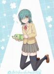  1girl aoi_(princess_connect!) aoi_(real)_(princess_connect!) black_thighhighs blazer blue_background blush chokomin closed_mouth collared_shirt commentary_request flying_sweatdrops full_body green_hair grey_skirt hair_over_one_eye highres holding holding_watering_can jacket kneeling loafers long_sleeves looking_at_viewer medium_hair neck_ribbon pleated_skirt princess_connect! red_ribbon ribbon school_uniform shirt shoes skirt smile solo teapot thighhighs twitter_username two-tone_background watering_can white_shirt yellow_eyes zettai_ryouiki 