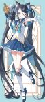  1girl absurdly_long_hair animal_ears aqua_bow aqua_bowtie aris_(blue_archive) armpits black_hair blue_archive blue_eyes blue_shoes blue_skirt bow bowtie cat_ears cat_tail commentary_request earrings elbow_gloves fake_animal_ears frilled_skirt frills gloves hair_ornament hairclip halo highres holding holding_wand jewelry kneehighs long_hair looking_at_viewer magical_girl mary_janes memdic_(srs00108) one_eye_closed shirt shoes skirt sleeveless sleeveless_shirt smile socks solo standing swept_bangs tail twintails very_long_hair w wand white_gloves white_shirt white_socks 