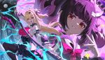  2girls absurdres ahoge bare_shoulders black_hair black_nails black_skirt blonde_hair breasts brown_thighhighs bupa_chila chalky_(zenless_zone_zero) cissia_(zenless_zone_zero) colored_inner_hair commentary detached_sleeves earrings hair_between_eyes hair_ornament hairclip highres holding holding_weapon jewelry large_breasts leg_up looking_at_viewer metal_wrist_cuffs miniskirt multicolored_hair multiple_girls nangong_yu nangong_yu_(rhapsody's_muse) official_alternate_costume open_mouth parted_lips pom_pom_(clothes) pom_pom_hair_ornament red_eyes short_twintails skirt smile snake snake_earrings snake_girl snake_tail tail thighhighs twintails untranslatable_commentary weapon white_snake zenless_zone_zero 