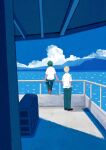  2boys absurdres bakugou_katsuki black_shoes blonde_hair blue_pants blue_sky boku_no_hero_academia cloud commentary_request cumulonimbus_cloud from_behind green_hair hands_in_pockets highres male_focus midoriya_izuku mountainous_horizon multiple_boys on_railing pants railing red_shoes seisyunbotdesu shirt shirt_tucked_in shoes short_hair short_sleeves sitting sky spiked_hair standing water white_shirt 