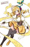  1girl absurdres anime_coloring aqua_bonnet back_ribbon belt belt_buckle black_belt black_boots black_corset black_gloves blonde_hair bonnet boots bow bowtie buckle candeloro commentary_request corset detached_sleeves doppel_(madoka_magica) drill_hair fingerless_gloves floating floating_hair flower frilled_headwear full_body gloves gold_buckle grey_thighhighs hair_through_headwear happy hat hat_flower highres knee_boots long_hair long_sleeves magia_record:_mahou_shoujo_madoka_magica_gaiden magical_girl mahou_shoujo_madoka_magica mahou_shoujo_madoka_magica_magia_exedra miniskirt multicolored_boots neck_ribbon pink_bow pink_bowtie pink_flower pink_rose pleated_skirt puffy_long_sleeves puffy_short_sleeves puffy_sleeves ribbon rose shirt short_sleeves shoulder_belt simple_background skindentation skirt solo spade_(shape) striped_clothes striped_thighhighs tareme thighhighs tomoe_mami twin_drills two-tone_boots vertical-striped_clothes vertical-striped_thighhighs white_background white_ribbon white_shirt white_sleeves yanmaami yellow_boots yellow_eyes yellow_ribbon yellow_skirt 